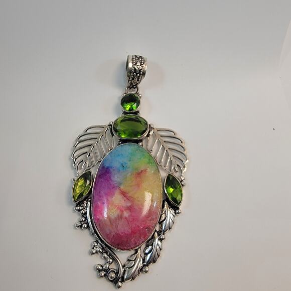 Handmade Rainbow Fluorite and Peridot Pendant with Sterling Silver Floral Design - Picture 2 of 10